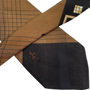 Vintage Bronzini Necktie Tie Brown Black Geometric Unicorn Logo 1970's Mod‎